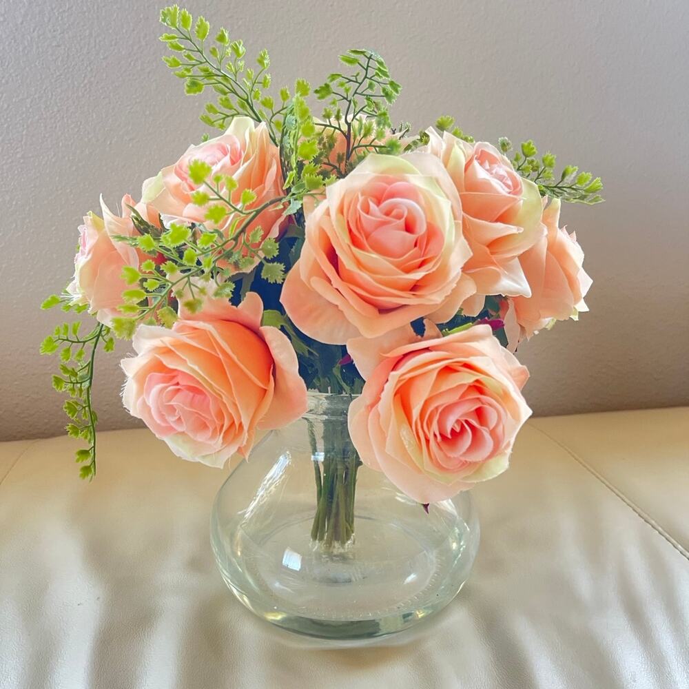 Nearly Natural Rose and Maiden Hair Arrangement with Vase, Peach